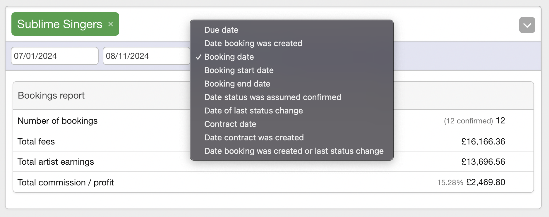 Search options booking report