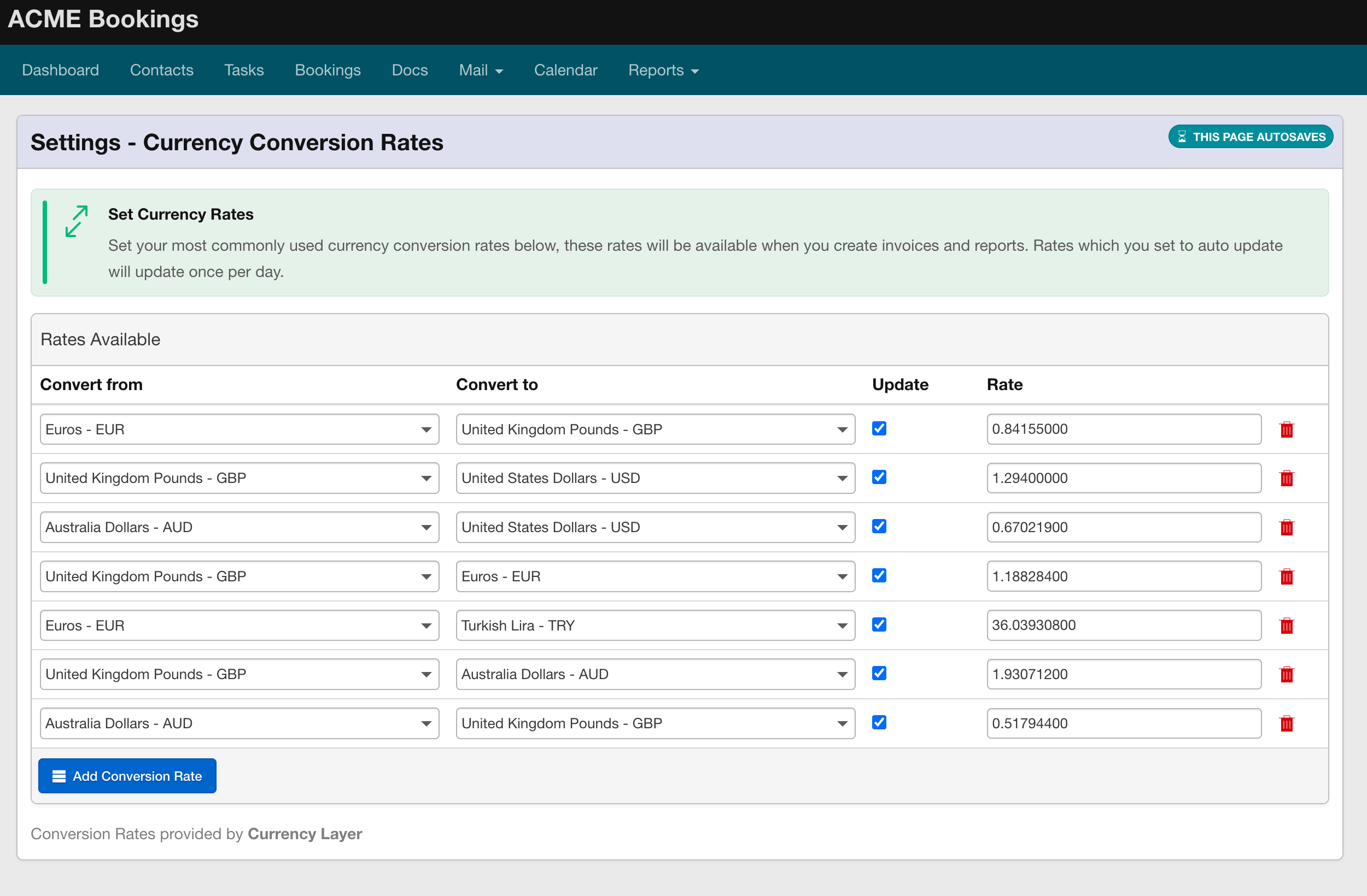 Currency conversion rates page