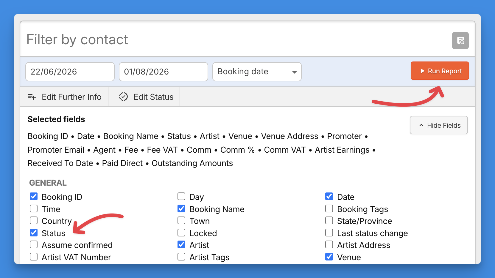 Booking Agency Select Data Fields